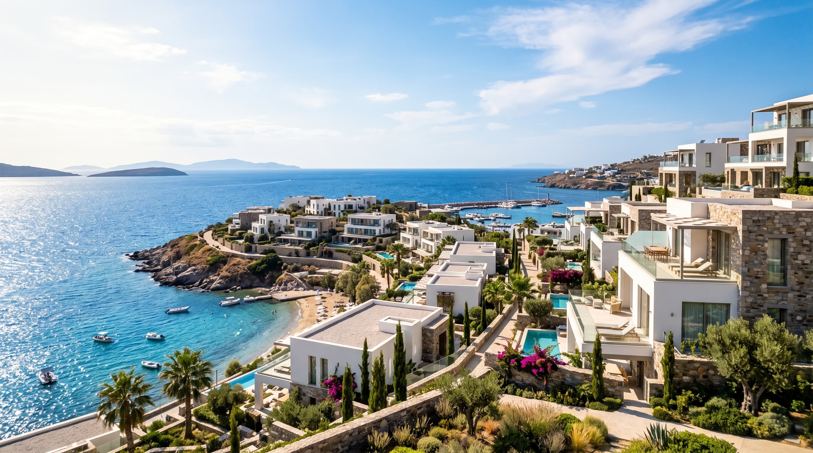 White seaside residences overlooking the Aegean Sea