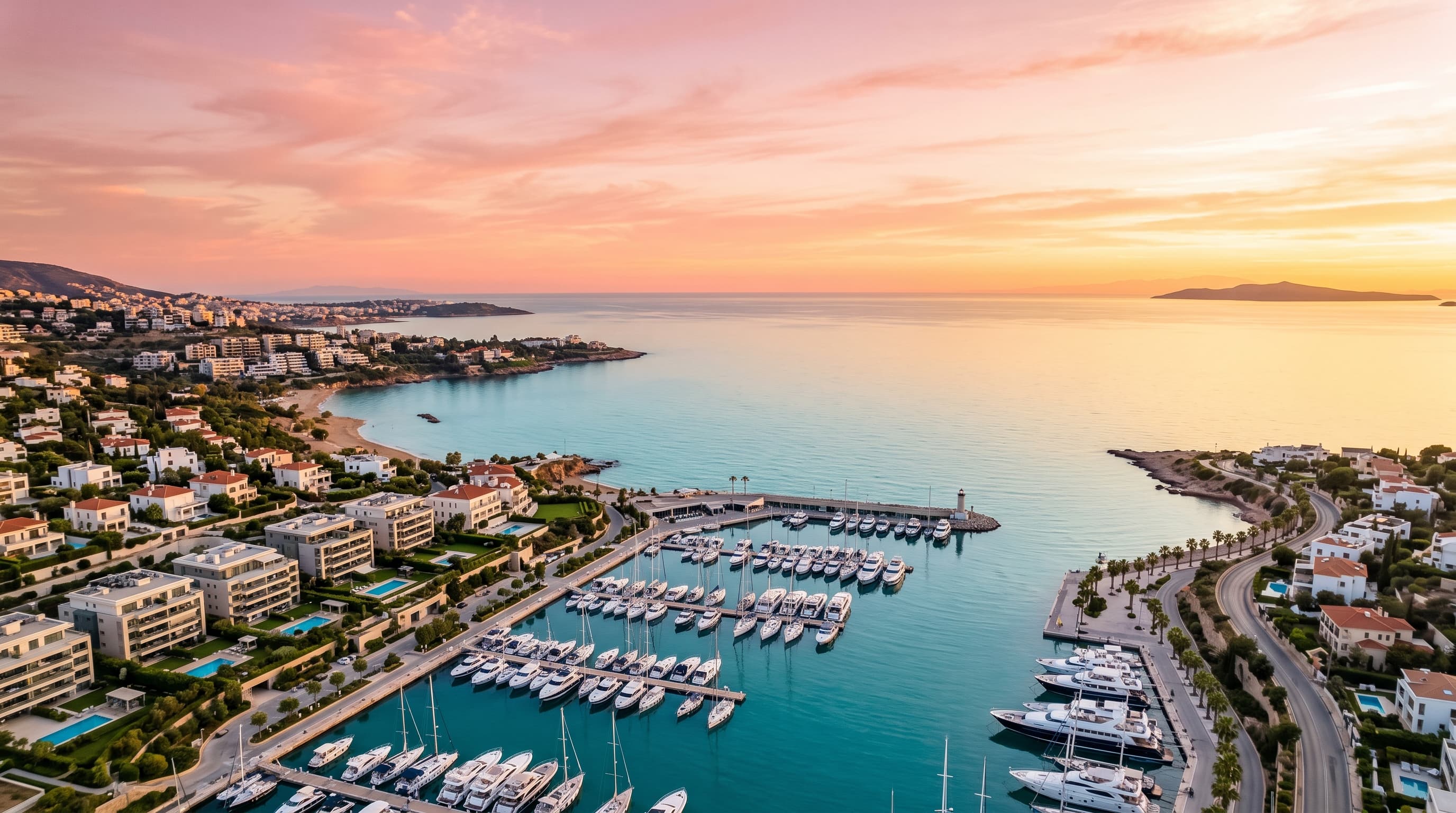 Aerial view of a Greek coastal marina and seaside homes at sunset
