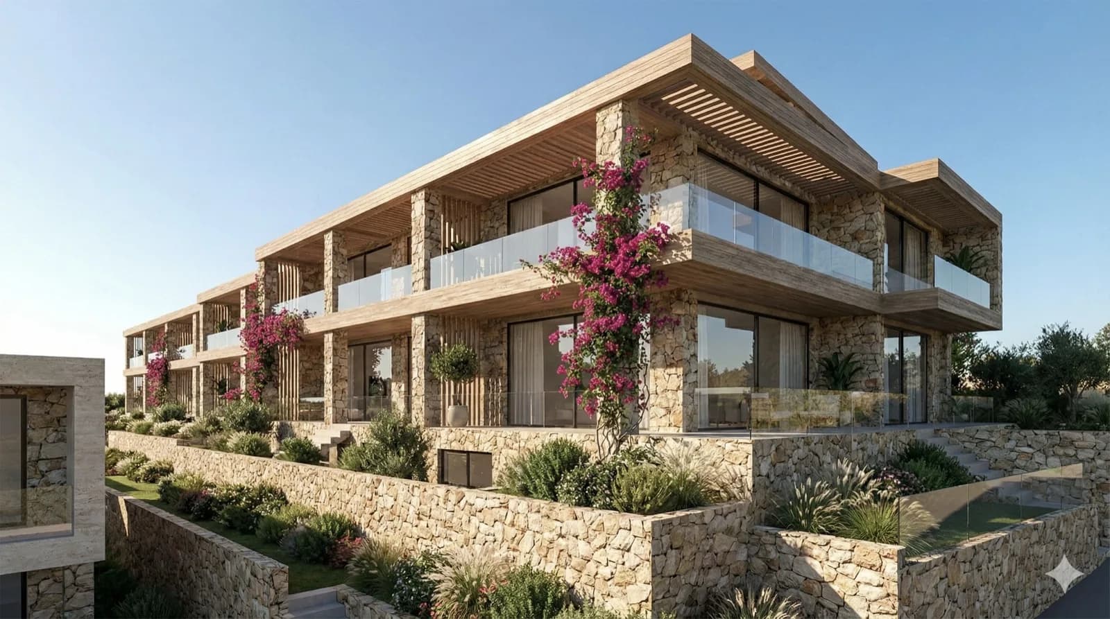 196 Kalyves, Exterior architecture with bougainvillea