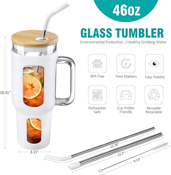 Glass Tumbler With Lid And Straw, 46 Oz Iced Coffee Cup With Handle, Glass Water Bottles With Silicone Sleeve, Glass Cup With Straws